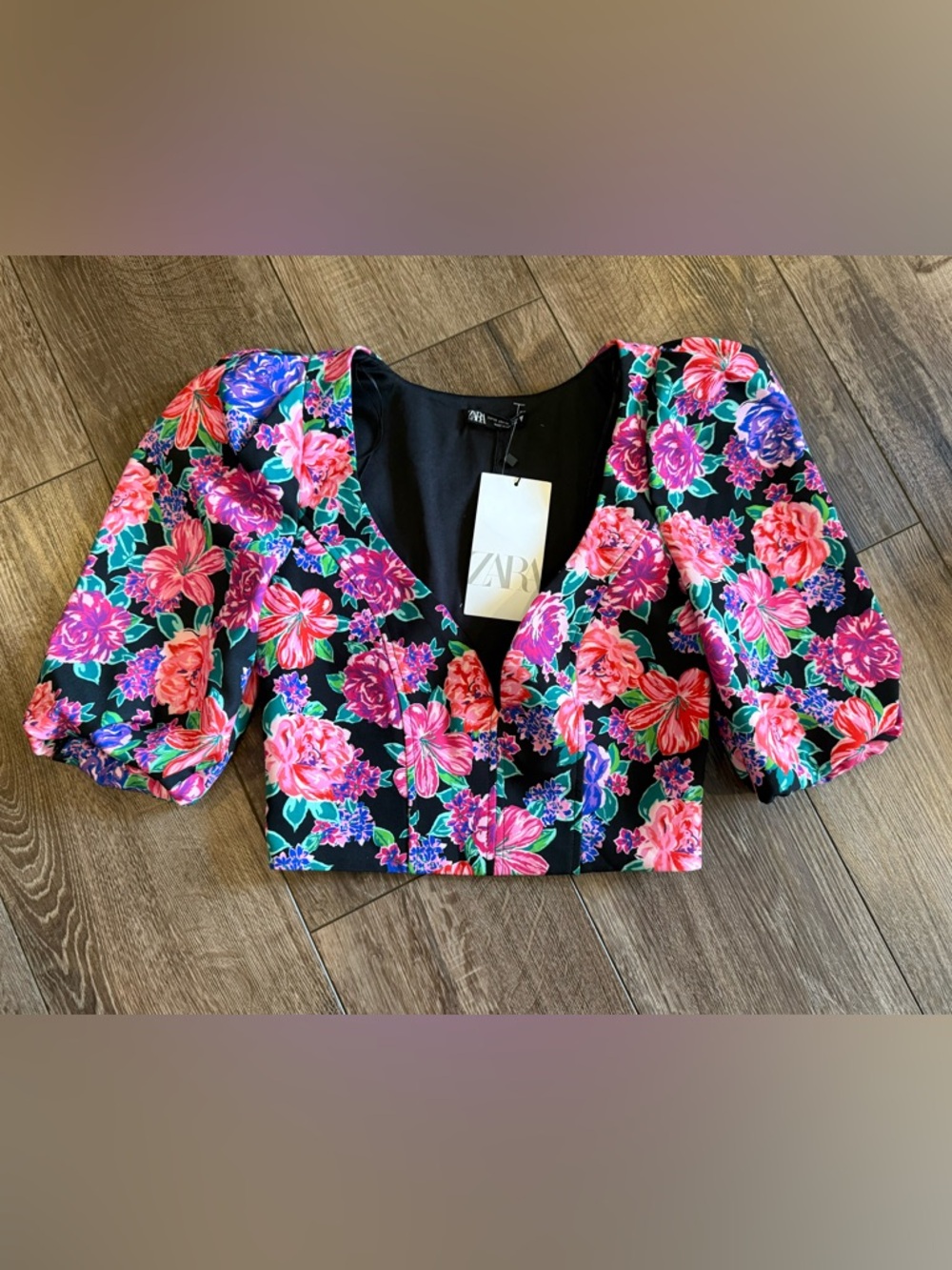 NWT Zara Floral Puff Sleeves Crop Top Shirt - XS